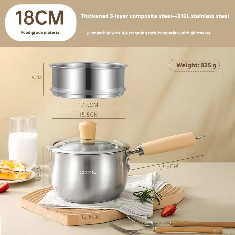 Pot à lait argenté de 18 cm avec grille de cuisson à la vapeur - véritable matériau 304