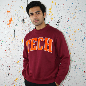 Tech <b>Maroon</b> Mock Neck Sweatshirt 100% Cotton Orange Applique Embroidery wide neck Sweatshirt Finer Threads - Product Image 1