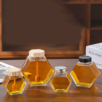 Pot de miel en verre de forme hexagonale avec louche en bois et couvercle en liège distributeur de boissons stockage pour conteneur de miel de fête