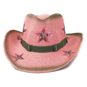 Cappello da Cowboy della Cowgirl occidentale del cappello da sole della spiaggia della paglia della carta della signora della ragazza rosa all'ingrosso