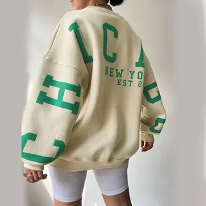 Custom Puff Printing 400gsm Katoen Luxe Streetwear Oversized Geborduurde Reliëf Hoodies Set Vrouwen Ronde Hals Sweatshirt