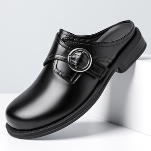 2026 Trendy Men's Mules Slides Retro Monk Shoes Round Toe <b>Half</b> Slippers Casual <b>Slip</b>-On Style - Product Image 1