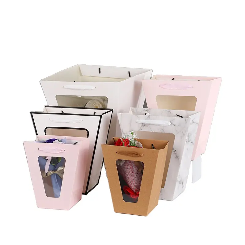 Hot sale Portable Bouquet Flower Doll Carrier Transparent Window Gift Packing Paper Gift Bag Flower Bag