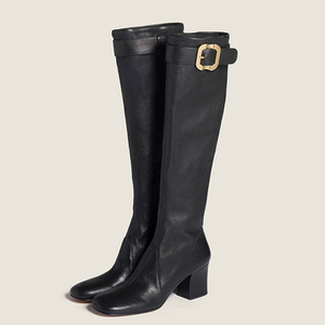 Women's Square Toe Knee High <b>Boots</b> Ladies High Chunky Heels Side Zipper Shoes Top Metal Buckle Long Booties - Product Image 2