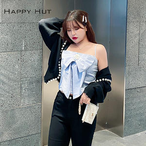 Happy Hut Camisole grande taille pour femme, haut plissé élastique avec nœud papillon, couleur unie, coton N7720 - Product Image 5