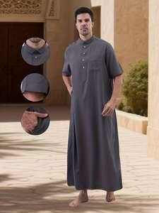 Camisa Thobe de Poliéster para Hombre, Cuello Camisero, Manga Corta, Largo hasta el Suelo, Color Sólido, Transpirable, para Todas las Estaciones, Ropa de Oración Modesta, Estilo de Oriente Medio - Product Image 2