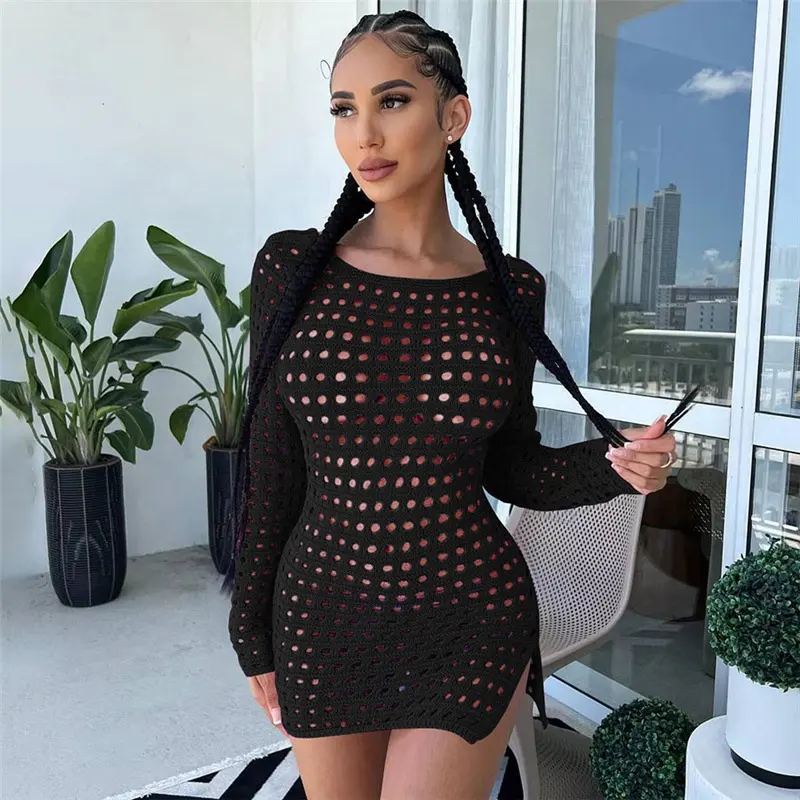 Crochet Dress Backless Women See Through Skinny Elastic Sexy Summer Trend O-Neck Mini Bodycon Midnight Party Clubwear