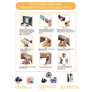 Papier de transfert d'eau imprimable au laser à jet d'encre M R.R pour tatouage corporel temporaire A4 avec 5 ensembles par paquet (A + B par ensemble) - Product Image 2