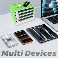 Unité de charge et de stockage pour téléphones portables intelligente à 4 baies avec câble rétractable de 70 cm, entrée universelle 100-240 V, support de chargeur sans fil rapide