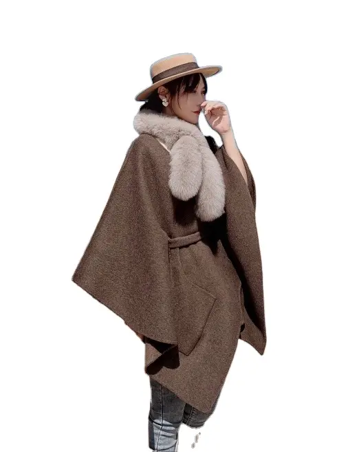 Custom Mantel Fall Winter Hiver Belted Poncho Vrouwen Batwing Wol Kasjmier Capes Met Echt Bont