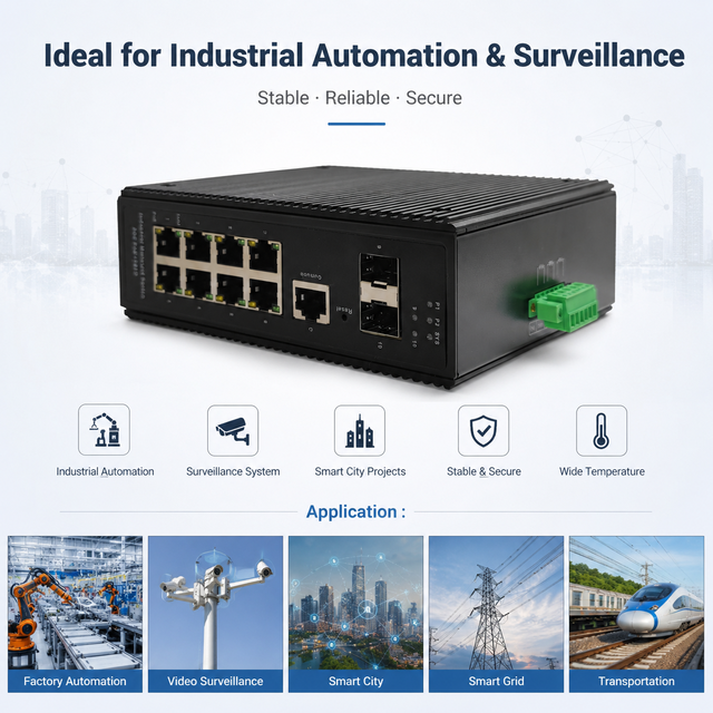 OEM Industrial Managed Switch 8 Port Gigabit with 2 SFP DIN Rail Network Switch for Automation & CCTV System