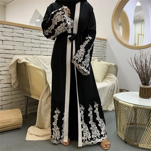 1609# Pretty Fashion White Flowers Embroidery With White Border Classic Black Kaftan Ladies Open <b>Abaya</b> - Product Image 2