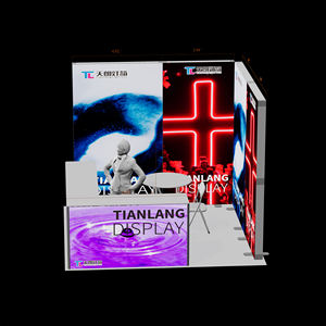 Stand d'exposition personnalisé en forme de cube avec éclairage sur quatre côtés, mur arrière entièrement illuminé avec graphique artistique en néon en forme de croix, vague violette - Product Image 3