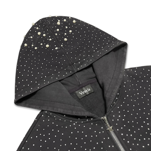 Sweat-shirt à capuche zippé pour homme, style urbain, noir uni, orné de strass et de perles, coupe oversize, décontracté, en coton tricoté respirant - Product Image 3