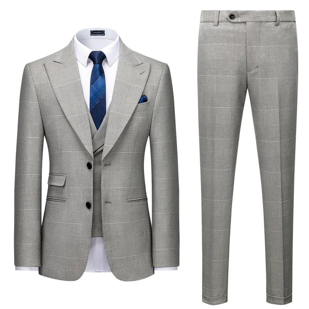 Cross-border foreign trade business casual light gray plaid single-breasted men's 3-piece suit