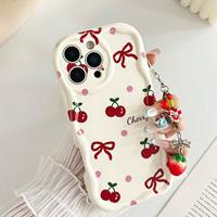 Coque de téléphone portable INS avec motif nœud cerise et chaîne pour iPhone 16 15 17 18 Pro Max, motif crème, coque arrière