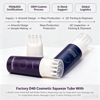 Tube cosmétique souple D40 avec applicateur rotatif à 4 dents et bille métallique pour massage du cuir chevelu et du cou