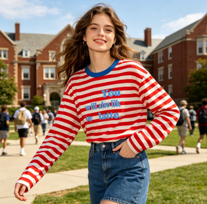 T-shirt à manches longues rayé <span class=keywords><strong>rouge</strong></span> et <span class=keywords><strong>blanc</strong></span> pour <span class=keywords><strong>femme</strong></span>, col <span class=keywords><strong>bleu</strong></span> avec imprimé lettres, haut décontracté - Product Image 3