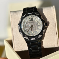 Montre-bracelet pour femme, cadran argenté, acier inoxydable noir, bracelet de 22 mm, chronographe à aiguilles, mouvement à quartz, index des heures en forme de barre