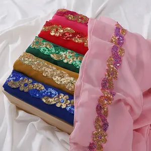 Wholesale custom printed big lace edge muslim women long shawl wrap headscarf plain premium heavy rhinestone chiffon hijab scarf