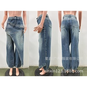 Nuovi Pantaloni Larghi in Denim di Cotone con Strass Pesanti e Strati Scomponibili 2026, Pantaloni a Vita Alta Asimmetrici Avant-Garde - Product Image 6
