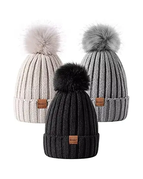 Phụ Nữ Đan Slouchy Beanie Chunky Baggy Hat Với Faux Fur Pompom Mùa Đông Mềm Ấm Mũ Trượt Tuyết Cáp Đan Mũ