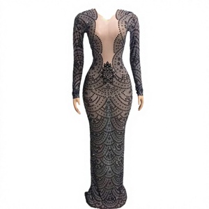 Robe de soirée élégante pour femme, manches longues, traîne, style vintage, grande taille, ornée de cristaux, pour fête, anniversaire, bal de promo, coupe droite - Product Image 2