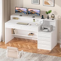 Bureau d'ordinateur blanc personnalisé de 55 pouces, bureau de maison ou de bureau avec 6 tiroirs, prises électriques, ports USB, support d'imprimante, étagère pour moniteur