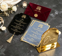 Suite d'invitations de mariage de luxe en papier texturé acrylique noir et or, menu, ruban de table, sceau de cire, impression personnalisée