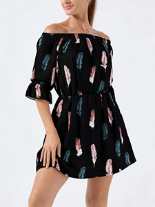 เดรสทรงเอไลน์ยาวคลุมเข่าพิมพ์ลายขนนกแบบเปิดไหล่สำหรับผู้หญิง แขนจั๊มพ์ปลายบาน เอวธรรมชาติ เหมาะสำหรับใส่พักผ่อนในฤดูร้อน - Product Image 2