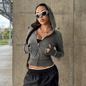 Sudadera Corta con Capucha para Mujer, Estilo Europeo Americano, Corte Ajustado, Bordada, 100% Algodón, con Cierre de Cremallera - Product Image 3