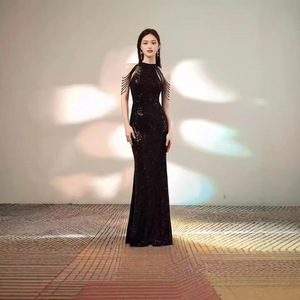 Halter Neck <b>Sequined</b> Bodycon Evening Gown Wine <b>Red</b> Long Fit For Women Formal Party Dress - Product Image 2
