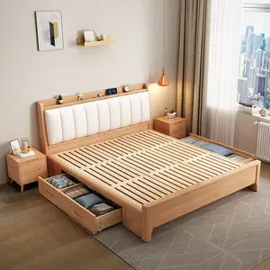 사용자 정의 간단한 나무 침대 덮개를 씌운 침실 가구 세트 조명 킹 사이즈 나무 프레임 더블 침대 전체 크기 단일 웨딩 침대