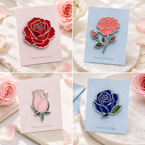 Badges de revers en métal personnalisés en émail dur, plaqués argent, motifs Rose rouge, Corail, Bouton de rose rose, Bouton de rose bleu - Product Image 3