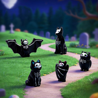 Patung Hewan Tengkorak Halloween Resin Kerangka Kucing Kelelawar Burung Hantu Miniatur Ornamen Dekorasi Lanskap Mikro Hadiah Pesta Halloween