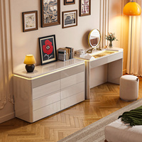Ensemble de commode de maquillage moderne en MDF blanc crème brillant pour chambre à coucher avec poignées à ouverture par pression sans poignée et LED à capteur COB
