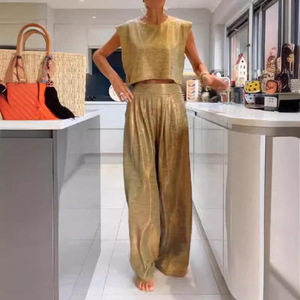 Nuevo Conjunto de 2 Piezas para Mujer, Chaleco Casual Brillante Estampado y Pantalones Anchos, a la Moda - Product Image 3