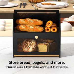 Boîte à pain en bambou noire avec couvercle rabattable, rangement pour comptoir de cuisine, présentoir à pain de comptoir, conteneur à pâtisserie et fruits - Product Image 3
