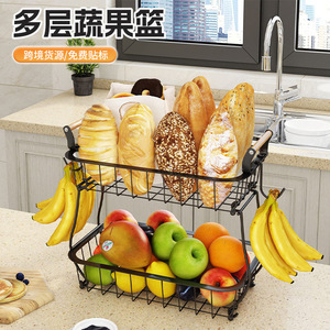 Double Layer Fruit And Vegetable <b>Basket</b> With Wooden Handle Large Capacity Kitchen <b>Storage</b> Rack Rectangle Black <b>Mesh</b> Style - Product Image 1