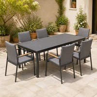 Table à manger extérieure moderne en céramique avec ensemble de salle à manger en bois de teck, texture sable de charbon et plateau en granit noir