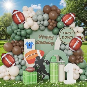 Kit d'arche de ballons vert sauge, ballons en latex marron, sable et blanc, ballon en aluminium rugby pour toile de fond d'anniversaire de garçons sur le thème du football américain (premier toucher) - Product Image 4