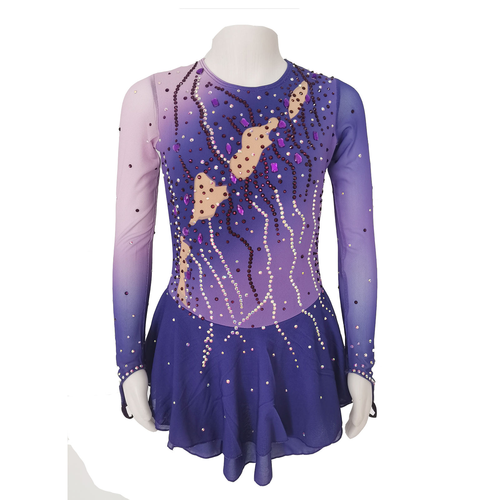 Girls Figure Skating Dress - Rhinestone Long Sleeve Leotard With Keyhole Back