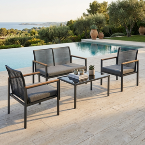 Ensemble de canapés d'extérieur moderne 4 pièces confortable en rotin noir creux avec structure en acier, mobilier de <span class=keywords><strong>jardin</strong></span>, accoudoirs aspect bois, pour cour et hôtel - Product Image 1