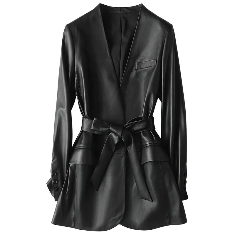 YOUANNA Genuine Leather Jacket Minimalism Womens Coat Official Ladies Black Blazer Winter Long Overcoat Female HW3143