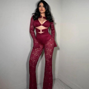 GX25738 Set Due Pezzi da Donna 2025, Top a Maniche Lunghe con <span class=keywords><strong>Pizzo</strong></span> Traforato e <span class=keywords><strong>Pantaloni</strong></span> a Zampa Trasparenti, Abbigliamento Casual da Boutique - Product Image 5