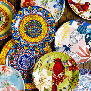 Oumeike Vaisselle Américaine en Céramique Ronde, Motif Végétal Sous Glaçure, Non Toxique, 9 pouces, pour Restaurants Thaïlandais et Mariages - Product Image 1
