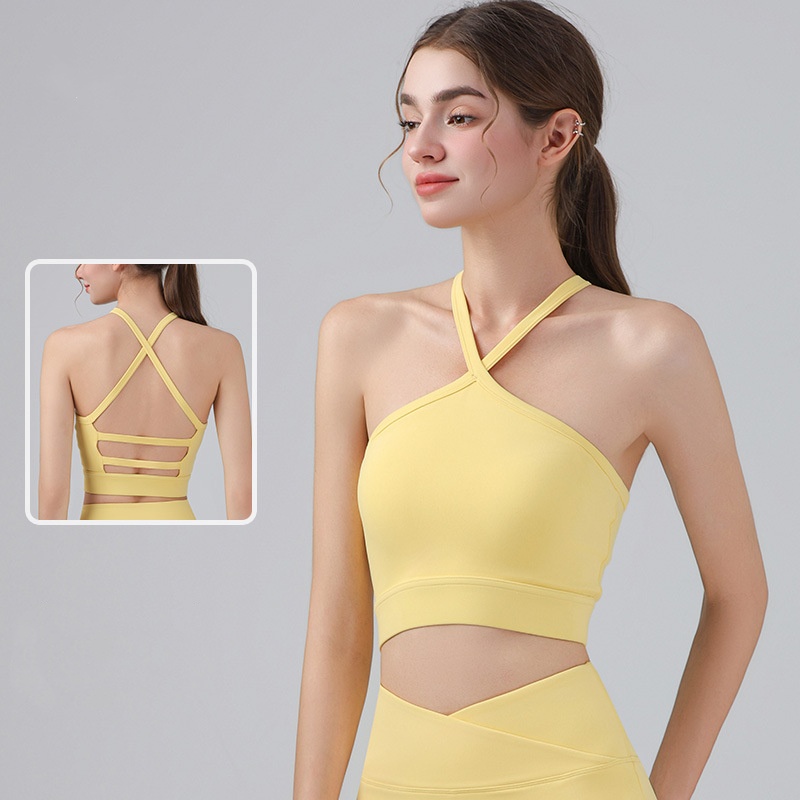 Ladies Sleeveless Cross Backless Halter Crop Top Fitness Yoga Top Solid Color Workout Gym Top Sports Vest
