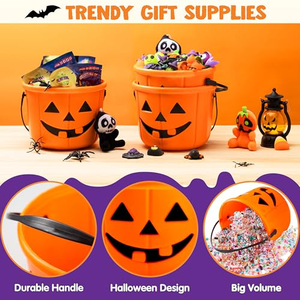 Seau à bonbons d'Halloween en forme de citrouille Jack O'Lantern avec poignée, fournitures de fête d'Halloween - Product Image 3