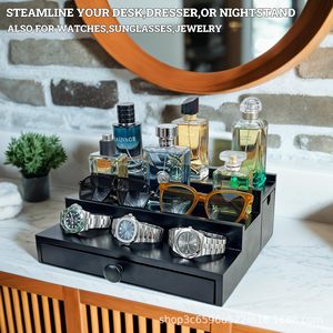 Men's Fragrance Storage Rack With Drawers Jewelry Watch Organizer <b>Desktop</b> Cosmetic Organizer Rectangle Black Standing Type 4 - Product Image 4