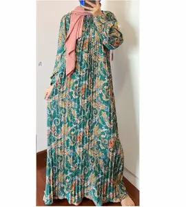 Yeni baskı plise gevşek büyük boy uzun kollu elbise kadın müslüman elbise kemer